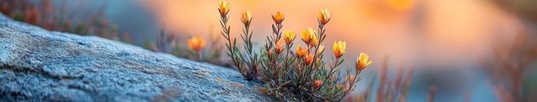 A rock with some yellow flowers growing on it photo