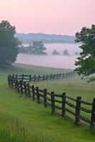 A fence is in the foreground of a grassy field photo
