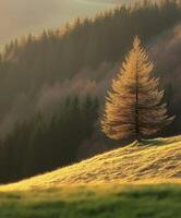 A lone tree stands on a hillside in the sun photo