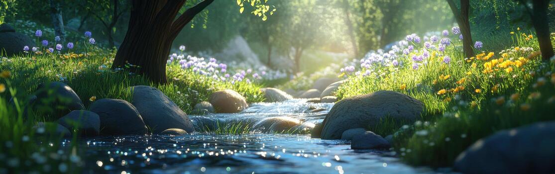 un corriente carreras mediante un bosque con flores y rocas foto