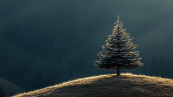 A lone tree stands on top of a hill in the mountains photo
