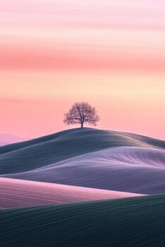 un solitario árbol soportes en un colina en el medio de un campo foto