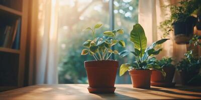 Three potted plants on a table in front of a window photo