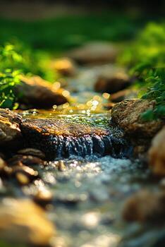 A stream of water flowing through a grassy area photo
