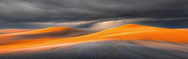 An orange and black landscape with storm clouds photo