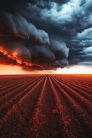 A stormy sky over a field with a plowed field photo