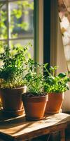 Three pots of herbs sit on a table near a window photo