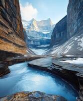 A river flows through a canyon in the mountains photo