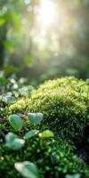 Green moss in the forest with sunlight photo