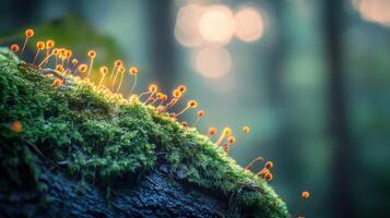 Moss and small orange flowers growing on a tree photo