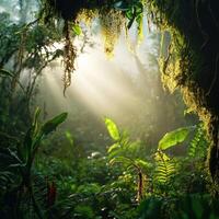 Sunlight through the canopy of a tropical rainforest photo