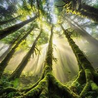 Sunlight shining through mossy trees in a forest photo