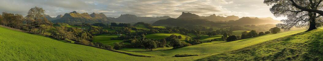A panoramic view of a green valley with mountains photo