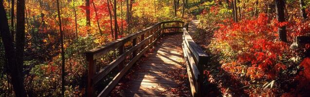 A wooden bridge in the woods with colorful foliage photo