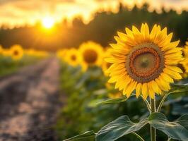 Sunflower in the field at sunset photo