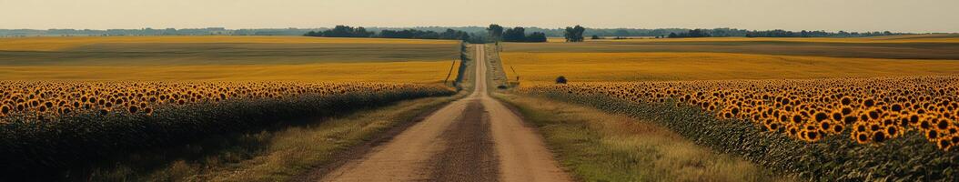 A dirt road leads through a field of sunflowers photo