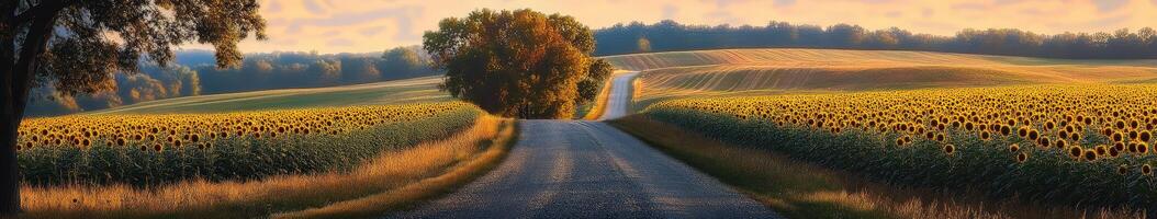 A road leading to a field of sunflowers photo