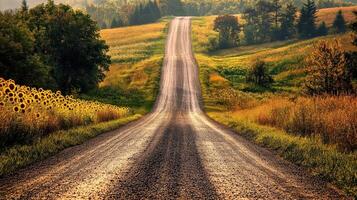 A country road with sunflowers in the foreground photo