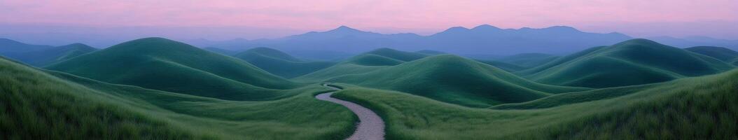A winding path through green hills with mountains in the background photo