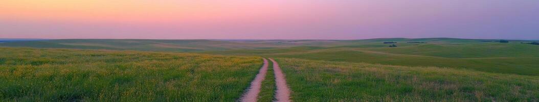 A dirt road runs through a grassy field at sunset photo