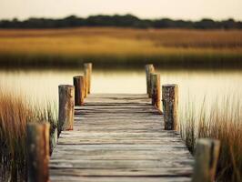 A wooden dock extends into the water photo