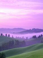 A purple sky and green hills with trees photo