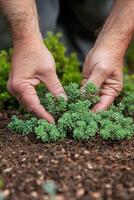 A man is planting a small plant in the ground photo