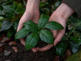 A person holding a plant with dirt on it photo