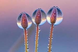 Three dew drops on a plant with water droplets photo