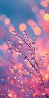 Water droplets on a plant in front of a pink sky photo