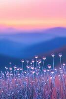 Dew drops on grass in the mountains at sunset photo