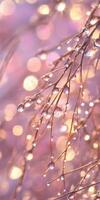 Water droplets on a branch with pink lights photo