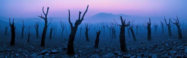 Dead trees in the forest at dusk photo