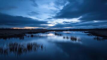 A river under a cloudy sky with water and grass photo