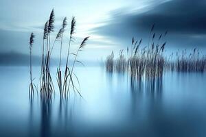 A lake with tall reeds in the water photo