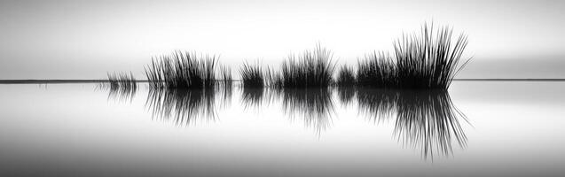Black and white photograph of tall grasses in water photo