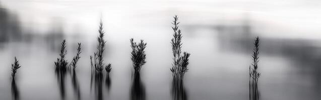 Black and white photograph of tall grass in the water photo