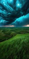 A stormy sky over a green field with grass photo