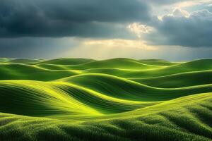 Green rolling hills with clouds and sun photo