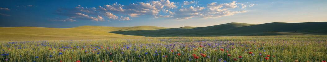 A field of wildflowers and hills under a blue sky photo