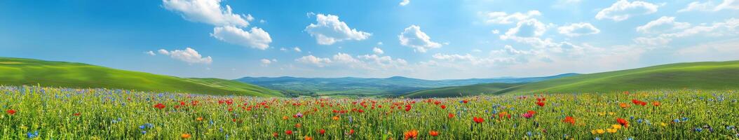 A field of wildflowers and mountains under a blue sky photo