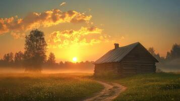 A small cabin in the middle of a field at sunrise photo