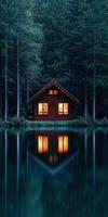 A small cabin is reflected in the water at night photo