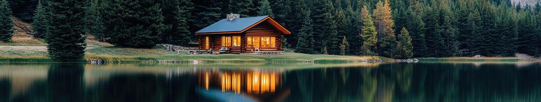 A small cabin sits on the shore of a lake photo