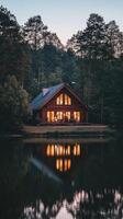 A cabin is reflected in the water at dusk photo
