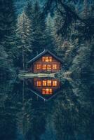 A cabin in the woods is reflected in the water photo