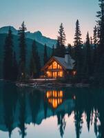 A cabin sits on the shore of a lake at dusk photo