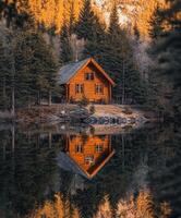 A cabin is reflected in the water photo