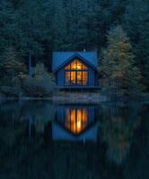 A cabin in the woods at night photo