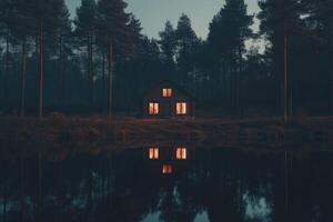 A small cabin in the woods at night photo
